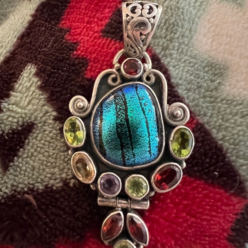 ❤️ Native Artisan Handmade Dichroic Glass & Gemstone Pendant 925 Sterling - Picture 3 of 12